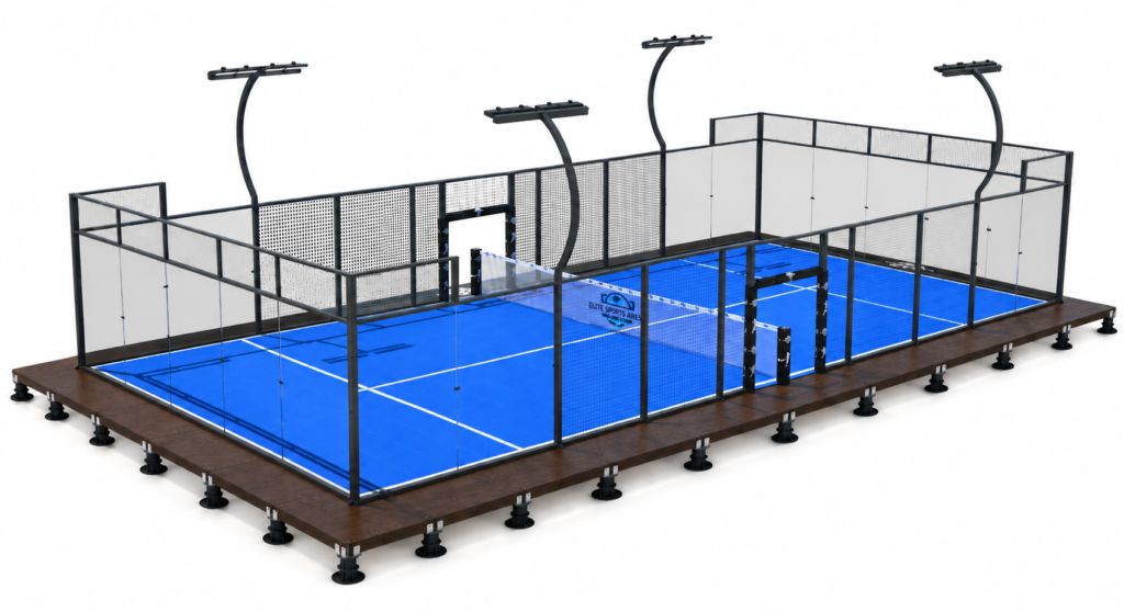 Terrain de padel panoramique aux normes FFT installé sur plancher à vérins réglables
